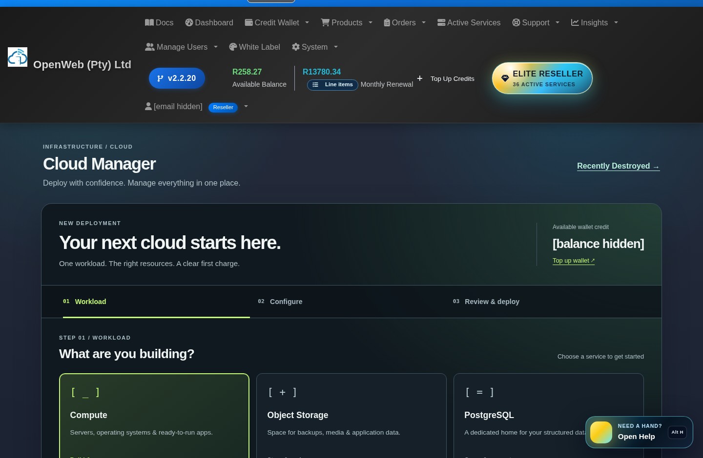 Current OpenWeb reseller panel screenshot: Cloud Setup Wizard